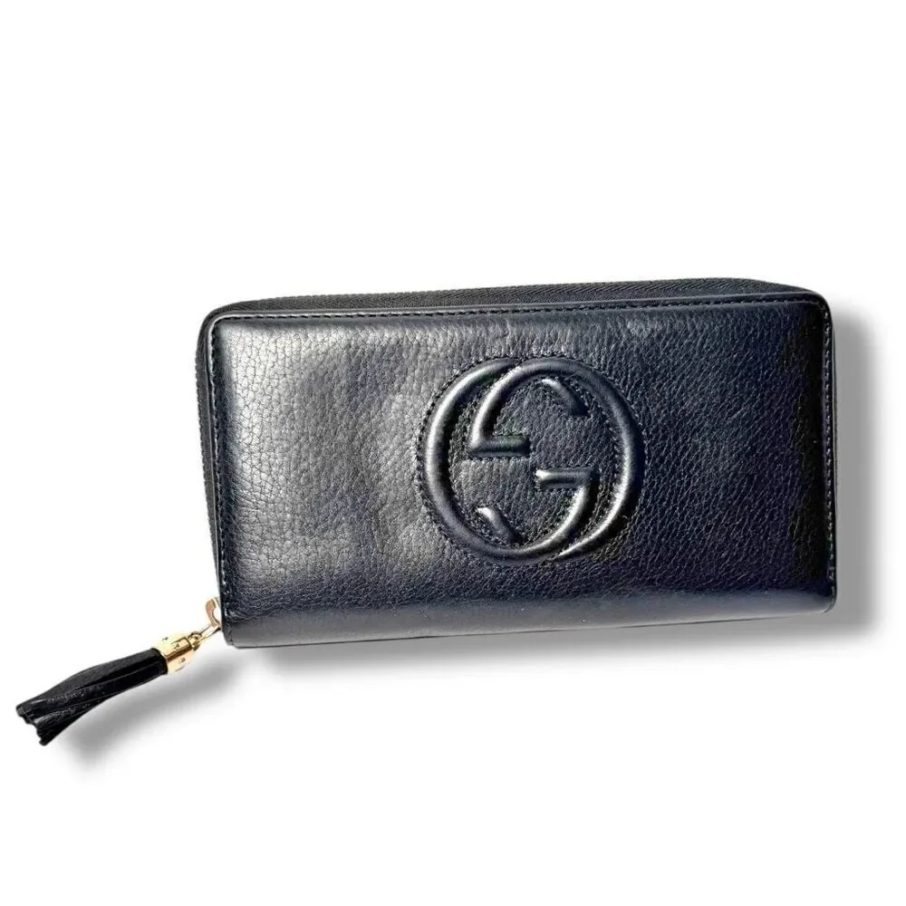 Gucci Soho Interlocking G Tassel Calfskin Leather Zip Around Long Wallet Black